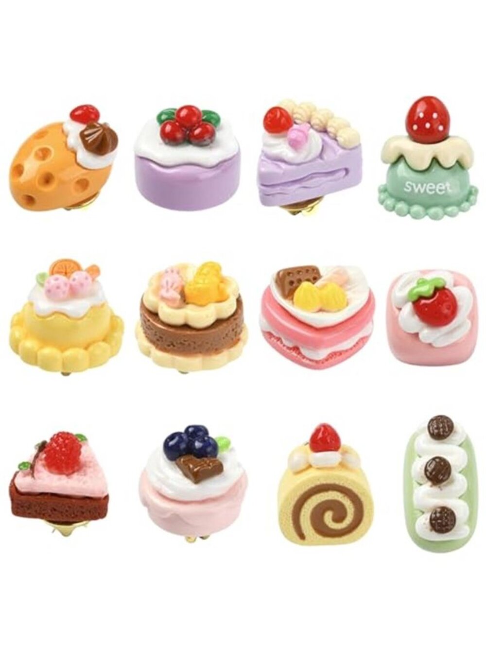 Ipotkitt 12 pcs 12 Styles Resin Cute Fruit Cake Themed Brooches Cakes Dessert